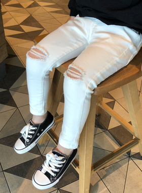 男童裤子2025春秋款破洞休闲小脚紧修身白色潮装韩版中大儿童长裤