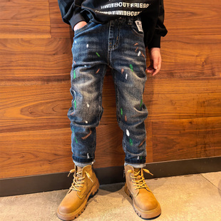 宝宝印花潮流儿童长裤 男童小脚修身 子2025秋冬加绒新款 牛仔裤 瘦版