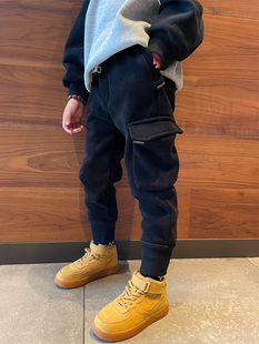 加绒小中大宝宝儿童长裤 子束脚潮流2025冬季 裤 男童一体绒黑色工装