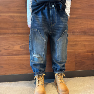 男童牛仔工装裤子潮流街舞百搭韩版2025秋冬加绒男孩宝宝儿童长裤