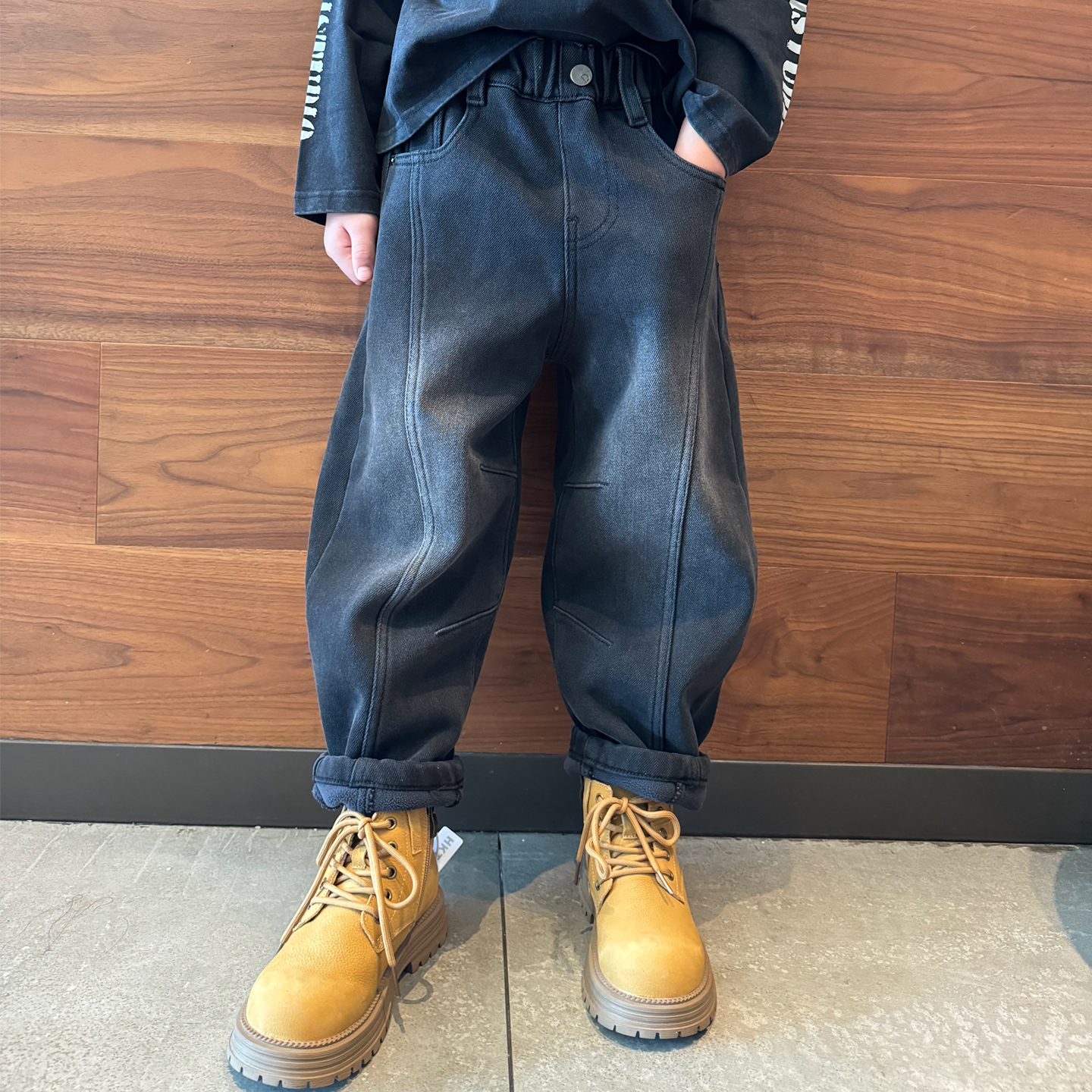 男童加绒牛仔裤子阔腿裤