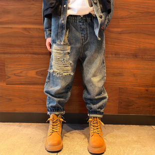 男童牛仔破洞裤子小脚萝卜裤2025秋冬加绒厚街舞宝宝潮流儿童长裤