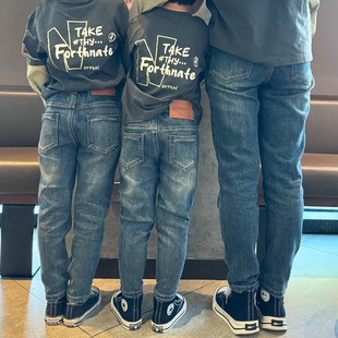 宝宝小中大儿童长裤 亲子装 男女童潮2026春秋韩版 子小脚修身 牛仔裤