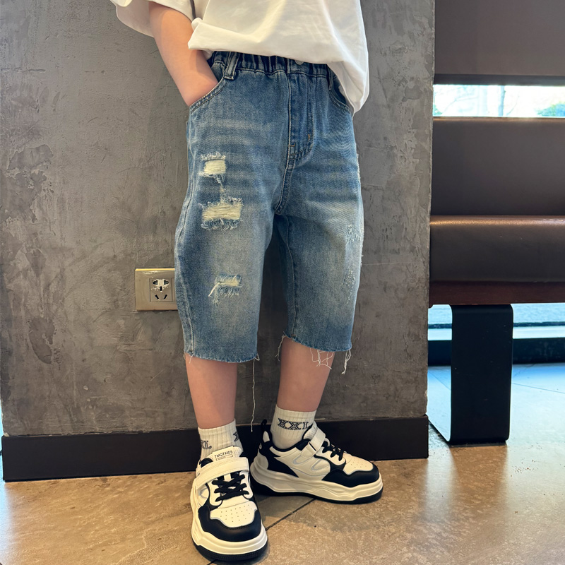 童装男童牛仔五分裤子破洞毛边潮款2025夏季短裤男孩宝宝儿童中裤