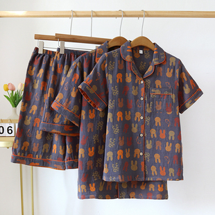 薄款 色织全棉纱家居服套装 短袖 大码 短裤 情侣纯棉纱布睡衣男女夏季