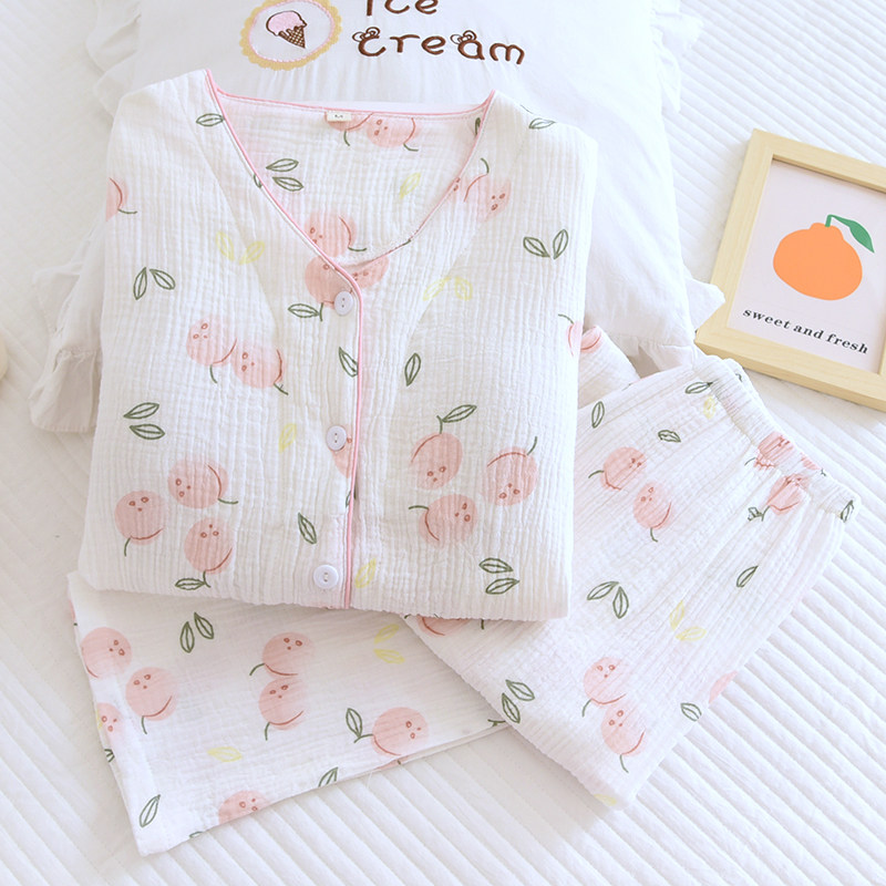 带胸垫睡衣女春秋纯棉纱布双层绉布夏季无领薄长袖全棉家居服套装,女士内衣/男士内衣/家居服,睡衣/家居服套装,淘宝优惠券,粉丝福利购,淘宝优惠卷