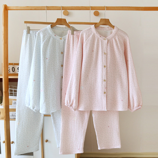 棉A类四层纱绉布睡衣女秋冬长袖无领加厚纯棉纱布家居服大码