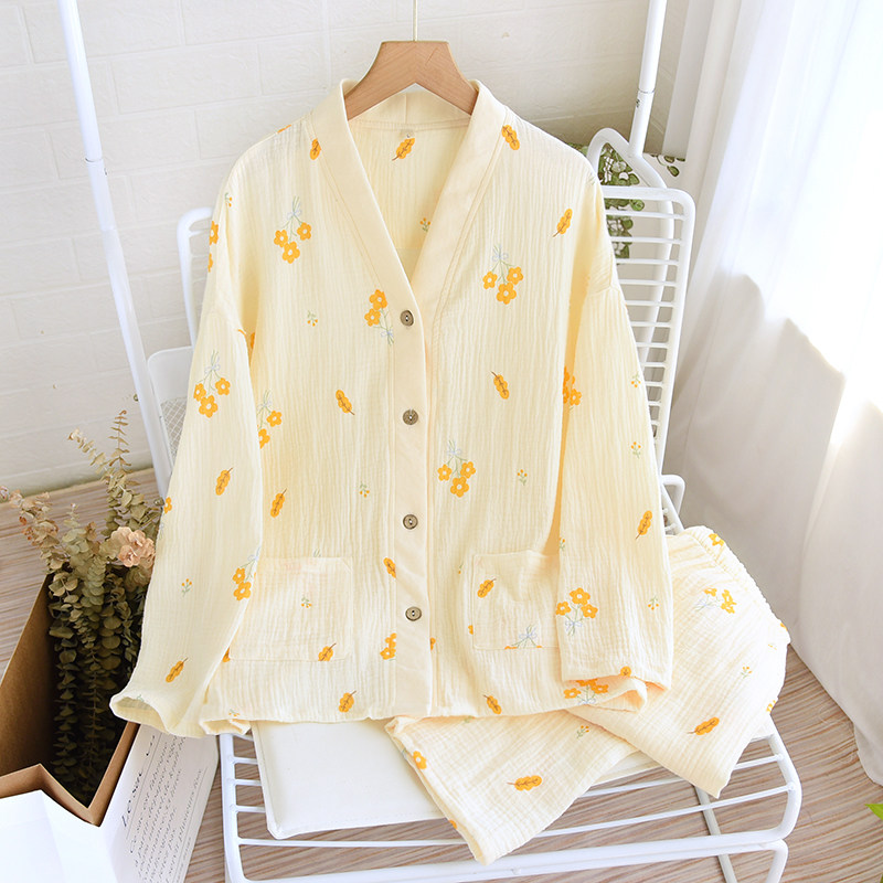 春秋睡衣女长袖纯棉纱布双层绉布夏季薄款加大码无领棉纱家居服套