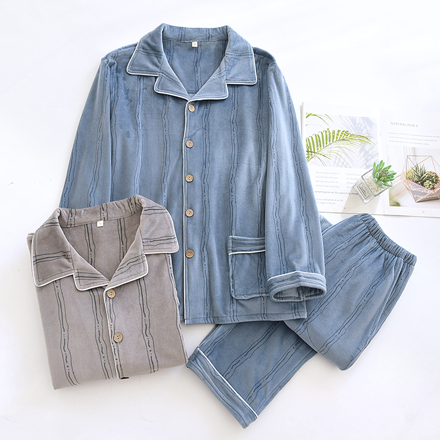 海岛绒带兜睡衣男薄绒家居服套装