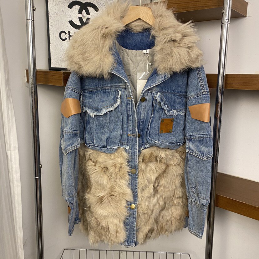 韩版狐狸毛皮草外套女冬季新款牛仔拼接年轻短款皮毛一体派克服