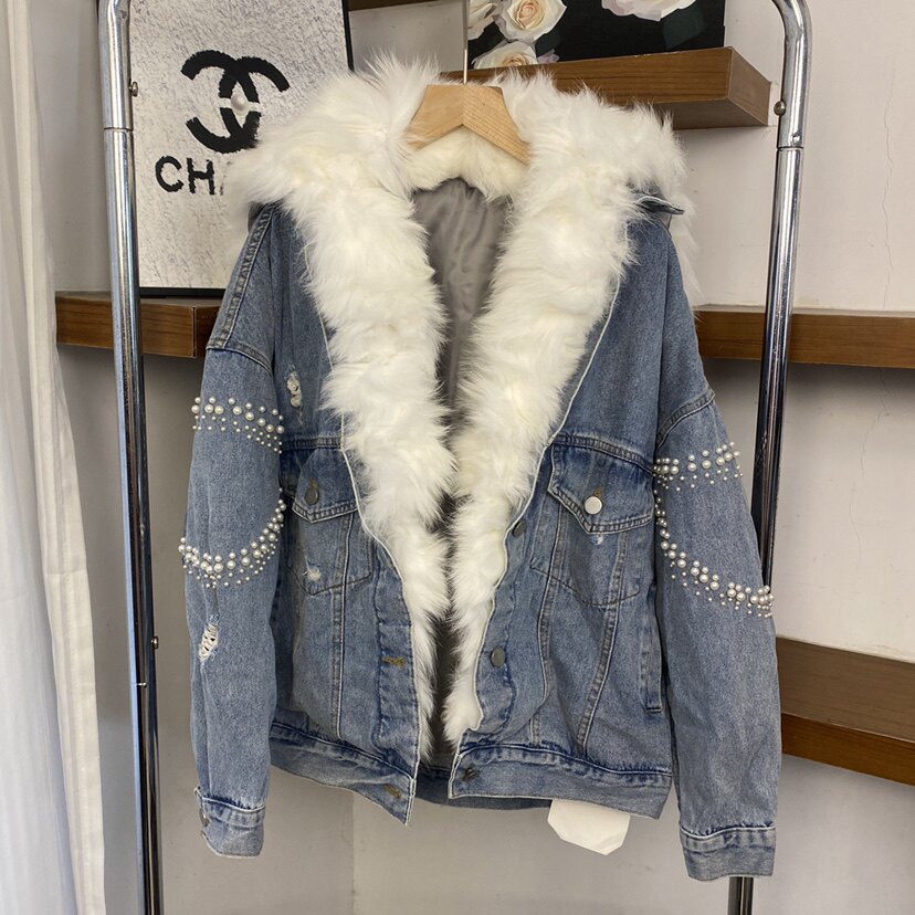 珍珠钉珠拼接宽松派克棉服女2025冬季韩版工装做旧滩羊毛牛仔皮草