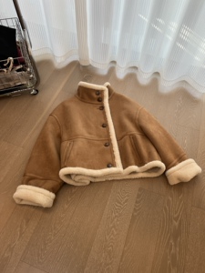秋冬新款麂皮绒机车服宽松翻领拼接加厚皮毛一体短外套女双面可穿
