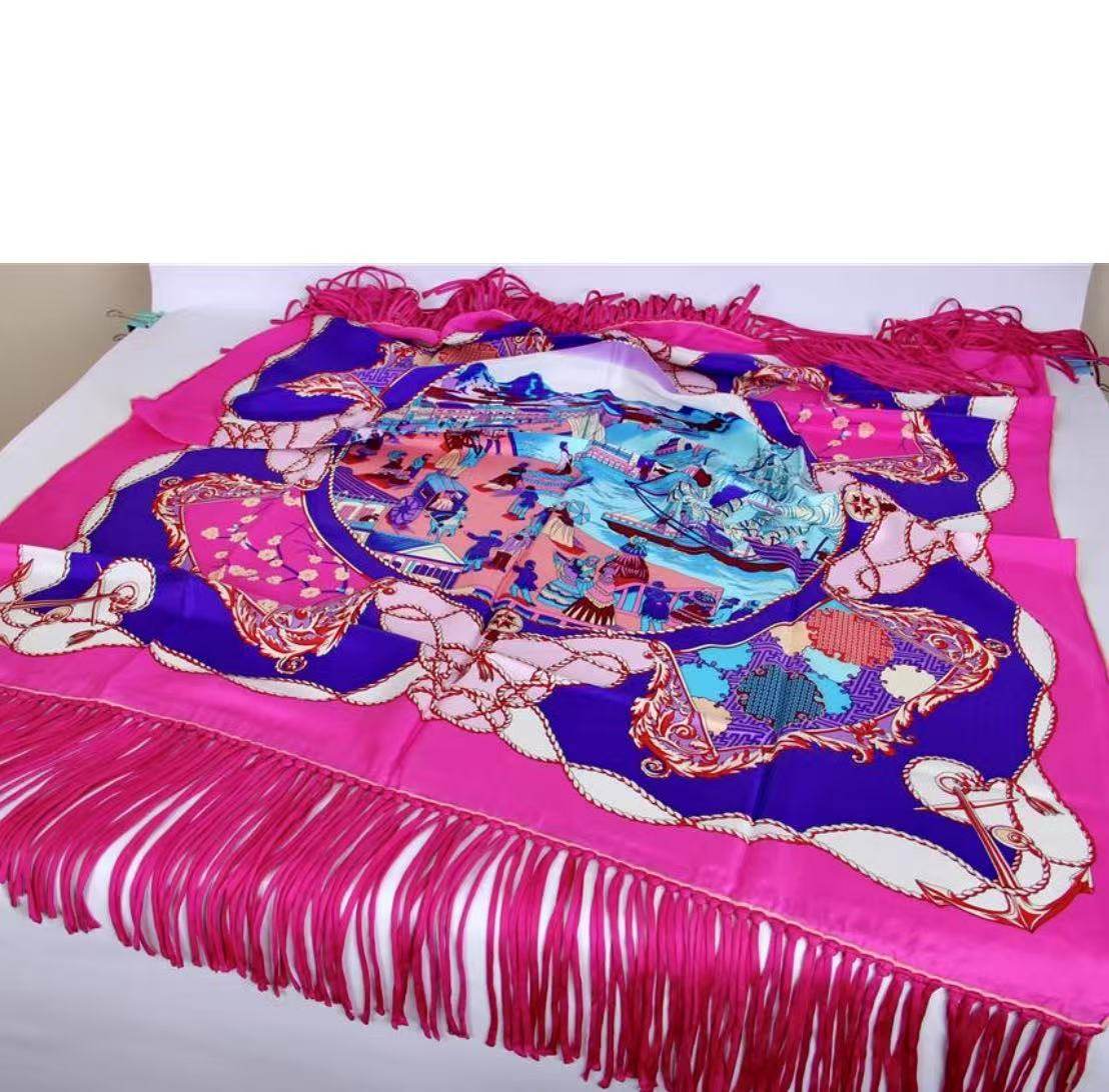 罗马假日～品牌线下高端定制款18姆米斜纹绸流苏披肩110大方巾