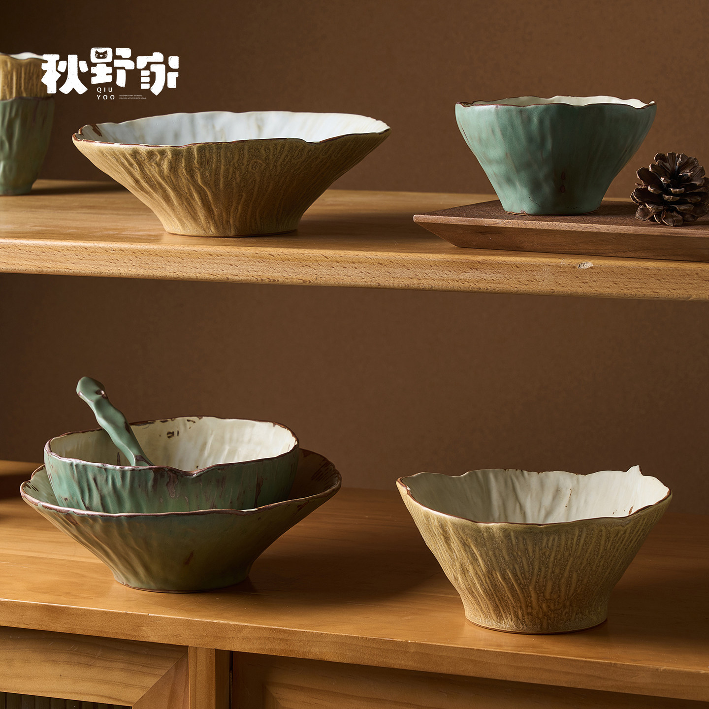 秋野家景德镇复古粗陶家用餐具高温釉下彩米饭碗汤面碗菜碗盘新款