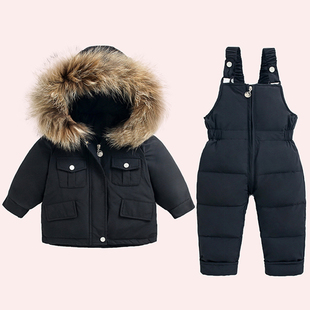 2025新款宝宝羽绒服套装加厚两件套连体背带裤滑雪服男女童装外套