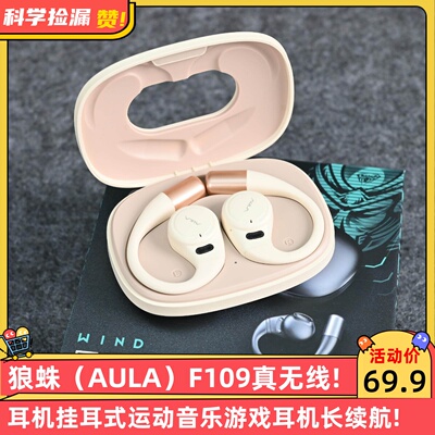 狼蛛（AULA）F109真无线电脑耳机挂耳式运动音乐游戏耳机长续航!