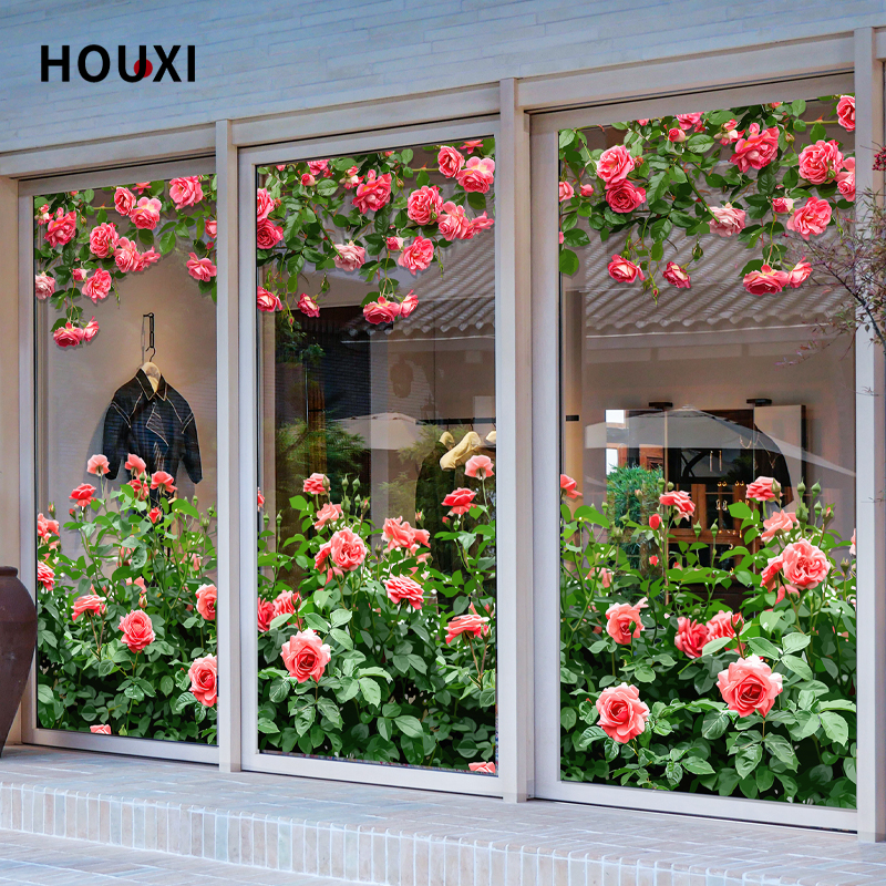 浪漫玫瑰花玻璃贴纸商场服装店橱窗布置春天装饰布置静电无胶贴膜