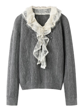 拉家同款2025冬季新款法式灰色针织拼接荷叶领套头长袖上衣女