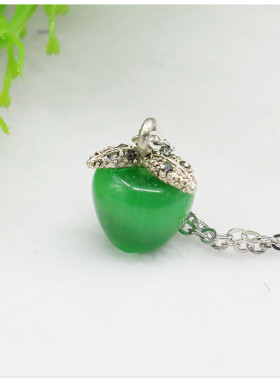 12X15mm青苹果镶钻猫眼石项链 配合金链锁骨链女桃花运项饰礼物潮