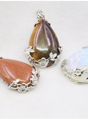 25X34mm水滴镶边蛋白石虎眼石金沙石吊坠 DIY项链挂件天然石首饰