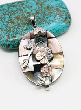 30X40mm椭圆形格仔拼接镶花天然贝壳吊坠 国风怀古毛衣挂饰跨境