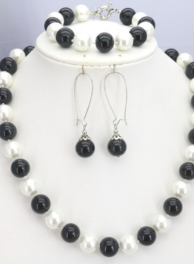 油菜花玻璃珍珠圆形女白黑色套装