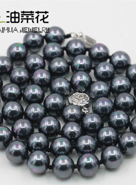 圆珠天然黑彩贝珍珠项链玫瑰花扣