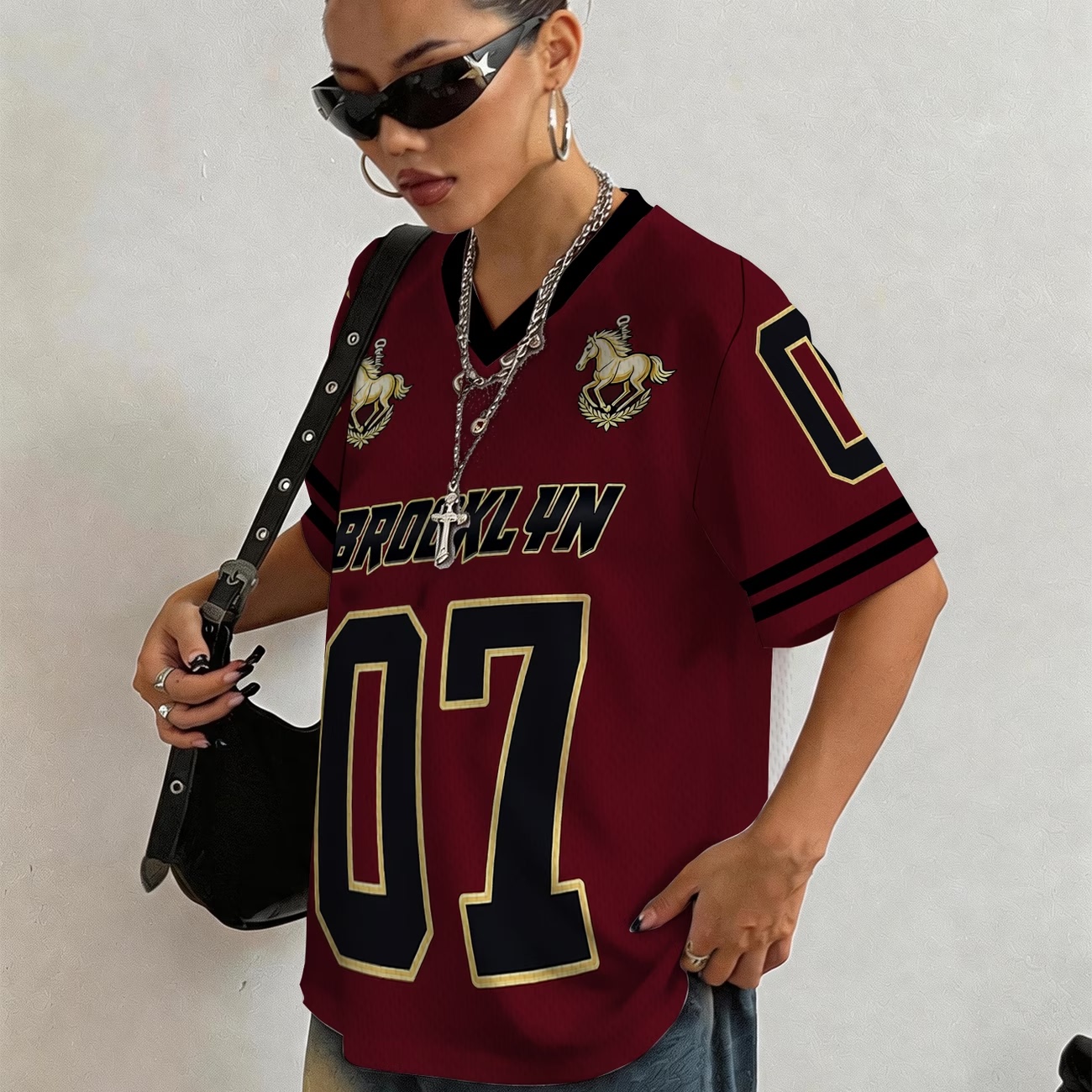 美式复古V领宽松数字印花女T恤