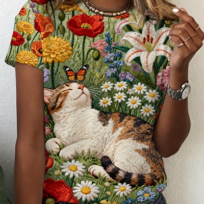 美式可爱猫咪印花宽松短袖T恤女