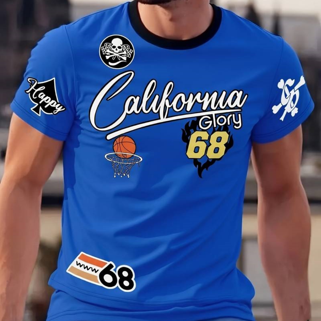 美式嘻哈风短袖运动T恤男蓝色字母印花篮球宽松速干上衣