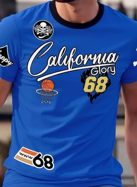 美式嘻哈风短袖运动T恤男蓝色字母印花篮球宽松速干上衣