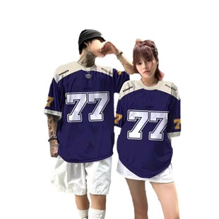 来图定制跨境美式高街球服 球衣圆领宽松休闲百搭短袖印花恤男女