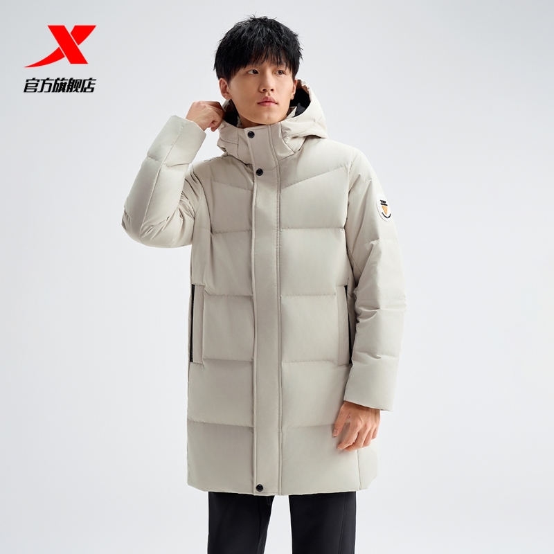 特步2023加厚保暖连帽长款羽绒服