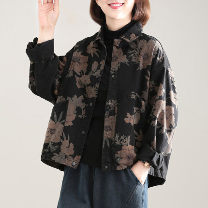 春秋季新款2026爆款大码洋气洗水棉宽松外套女百搭加绒款印花上衣