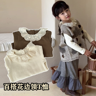 女宝宝长袖 春秋装 百搭休闲上衣 2025新款 女童坑条百搭花边领打底衫