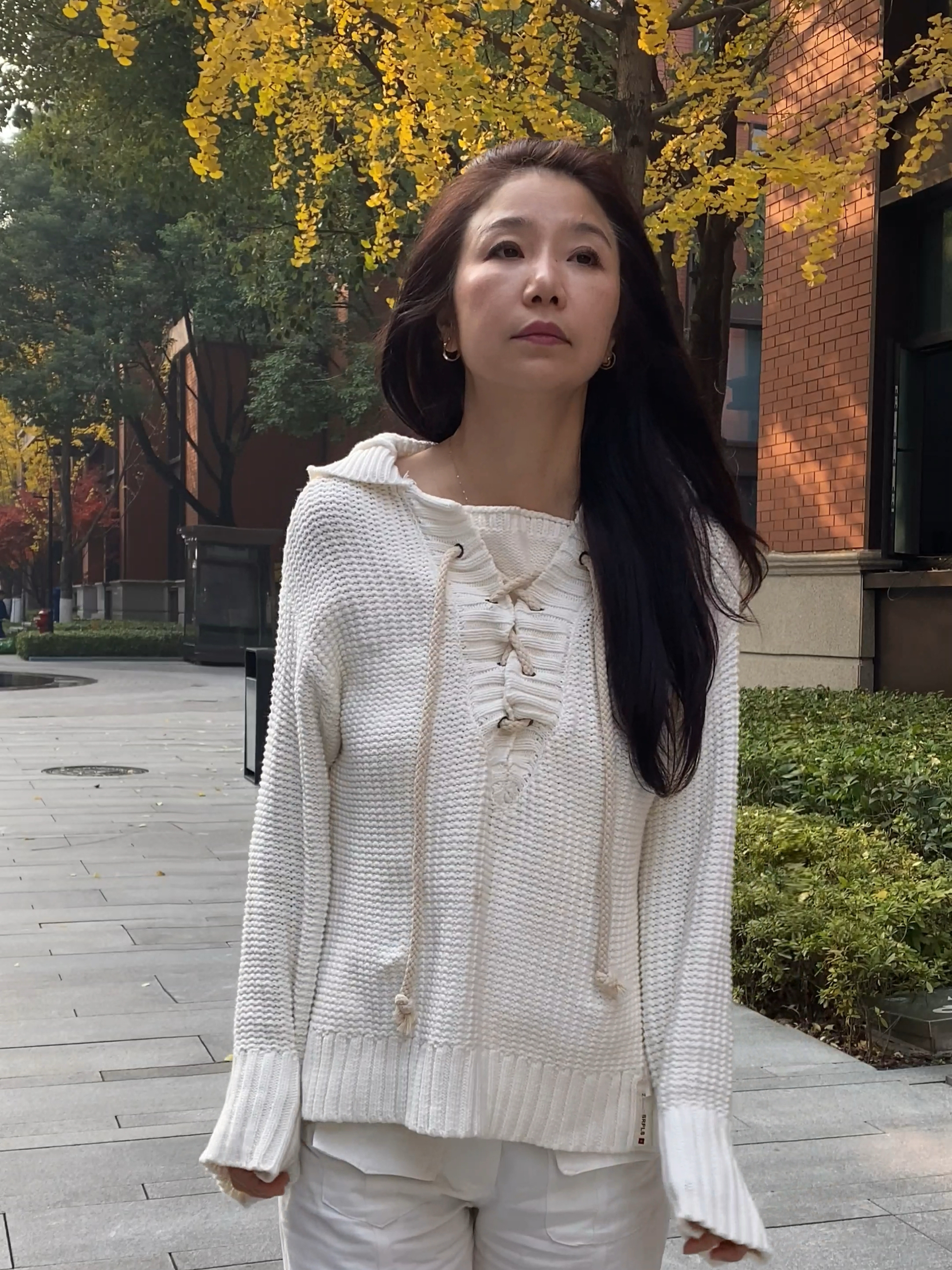 跨境棉混纺材质设计感系带连帽针织开衫女宽松慵懒风毛衣外套