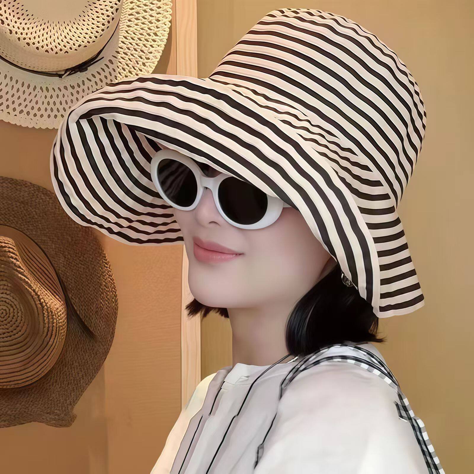 【下单立减50】加大帽檐拼色条纹遮阳帽子女夏季户外防紫外线YZ07