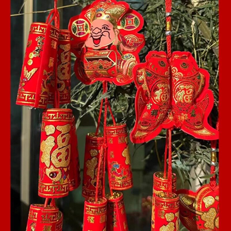 过年用品 家居春节喜庆烫金绒布大红鞭炮串年味挂件室内吉祥如意