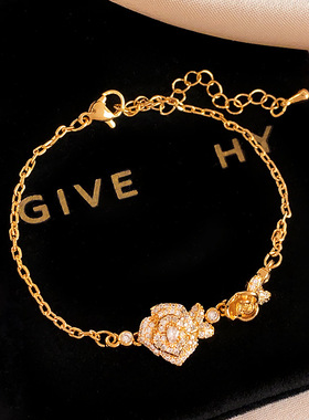 金色满钻双生玫瑰花朵手链女复古轻奢小众精致手环气质高级感手饰