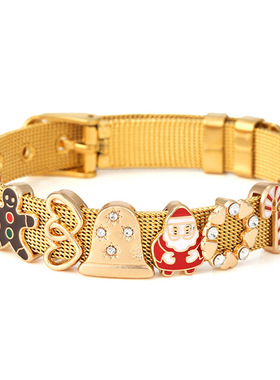 10mm不锈钢手表带姜饼人手链 DIY圣诞老人和铃铛拐杖串珠手链女士