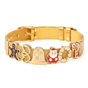 10mm不锈钢手表带姜饼人手链 DIY圣诞老人和铃铛拐杖串珠手链女士