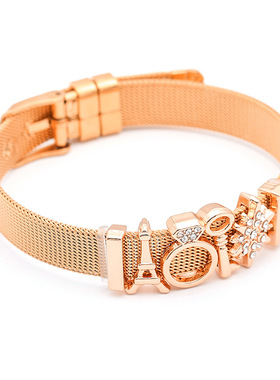 欧洲魅力不锈钢手潮流 DIY镶钻雪花串珠10mm表带形可调节网片手链