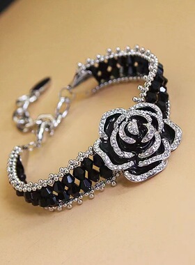 2024新款黑色山茶花滴油镶钻手链女轻奢小众ins小香风手饰配饰品