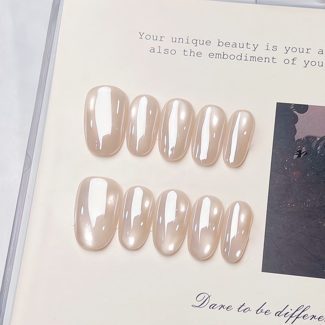 裸色许妍同款乳白电镀小灯泡中长款感极光猫眼手工美甲成品