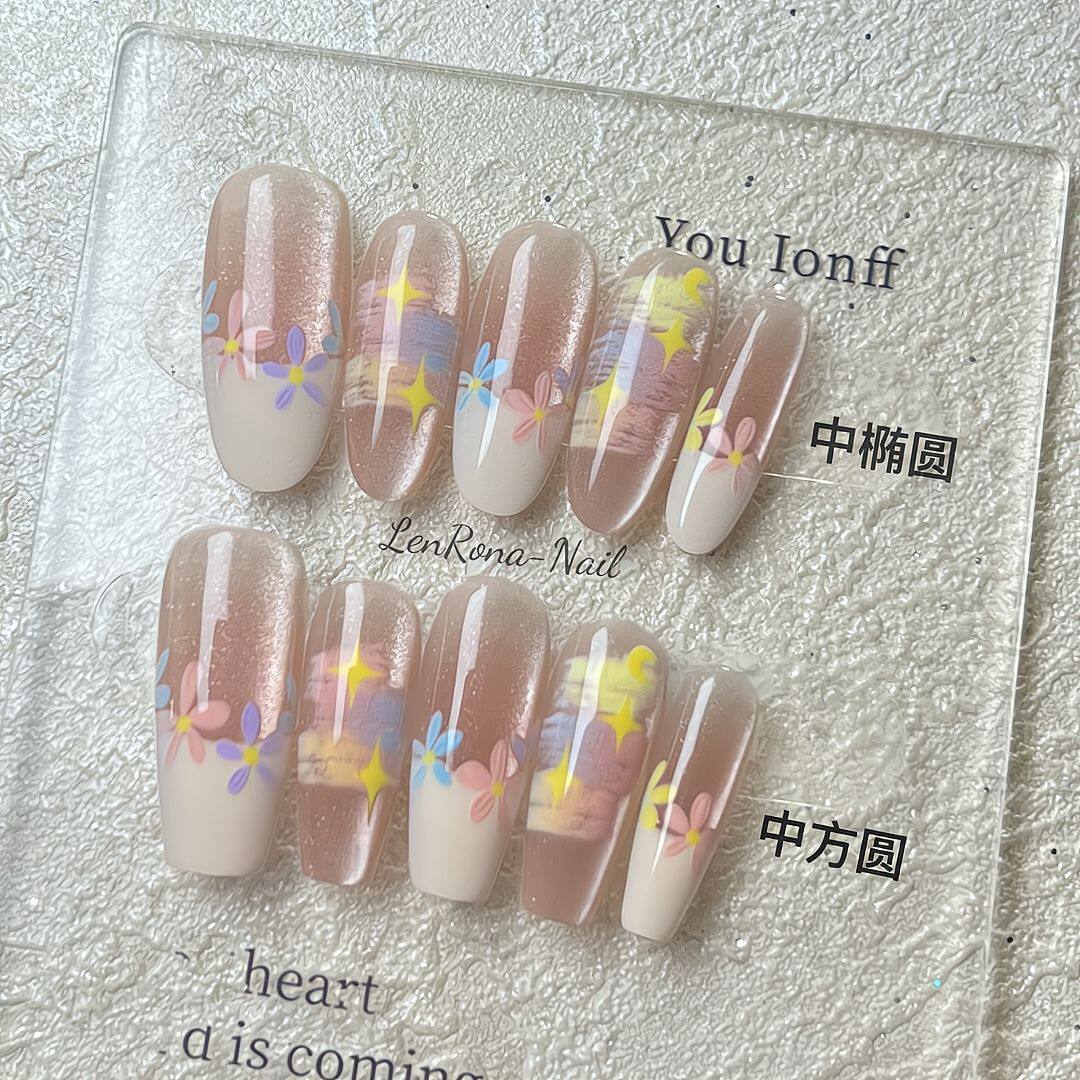 花盆带托盘一体新款猫眼穿戴甲油画奶油小花春日温柔ins小众甜美