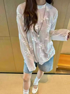 防晒打底衫 2026年春夏韩版 衬衫 提花蕾丝拼接长袖 上衣 酒酿丸子正品