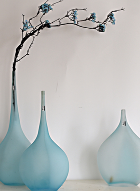 CH121外贸出口蓝色磨砂小口大肚玻璃艺术花瓶家居装饰摆件E3