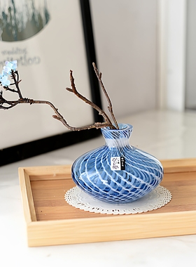 267欧式手工玻璃花瓶客厅装饰摆件蓝色几何纹台面花器C5