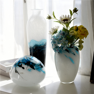 饰品摆件软装 24002 白色手工玻璃艺术花瓶水墨创意家居装 欧式