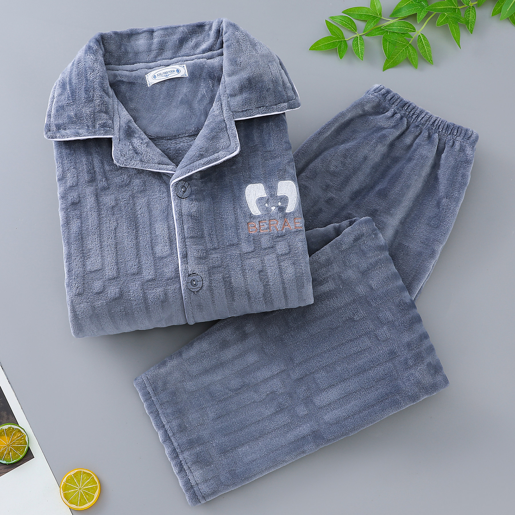 外贸尾单睡衣男士秋冬季珊瑚绒加厚保暖中老青年法兰绒家居服套装